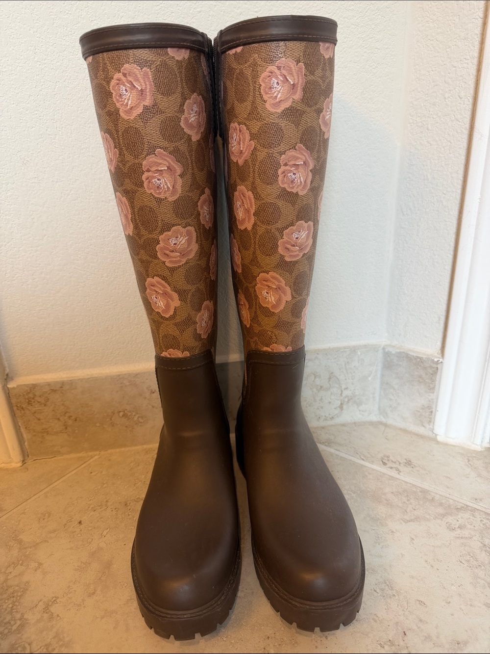 Coach Brown Floral-Print Tall Rain Boots with Pink Roses